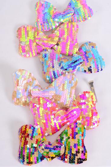 Hair Bow Flip Sequin Iridescent Center Heart Charm Multi / 12 pcs = Dozen Alligator Clip , Size - 6" x 4" Wide , 3 Multi , 3 Rainbow , 2 Of each Other Color Mix , Clip Strip & UPC Code