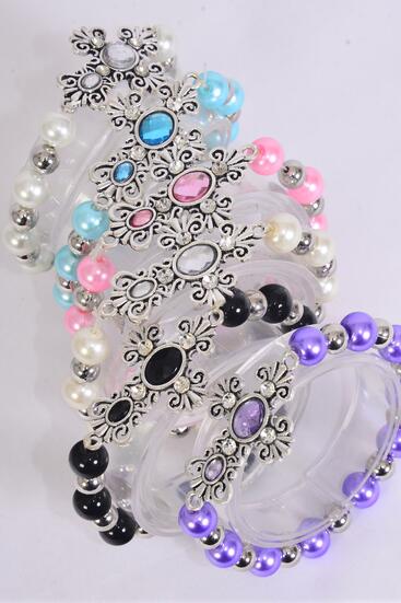Bracelet Sideways Cross Acrylic Stone Pearl  Bead Mix Multi / 12 pcs = Dozen match 03174 70123  Stretch , Cross -1.75" x 1.25" Wide , 2 Of Each Pattern Asst , Hang Tag & OPP Bag & UPC Code
