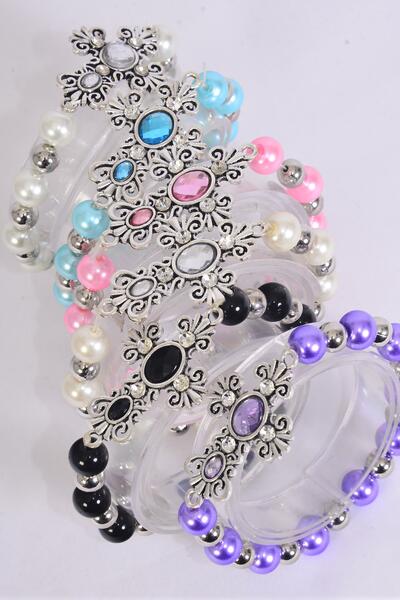 Bracelet Sideways Cross Acrylic Stone Pearl  Bead Mix Multi / 12 pcs = Dozen match 03174 70123  Stretch , Cross -1.75" x 1.25" Wide , 2 Of Each Pattern Asst , Hang Tag & OPP Bag & UPC Code