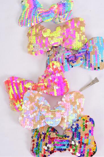 Hair Bow Flip Sequin Iridescent Center Mouse Ear Charm Multi / 12 pcs = Dozen Alligator Clip , Size - 6" x 4" Wide , 2 Of each Color Mix , Clip Strip & UPC Code