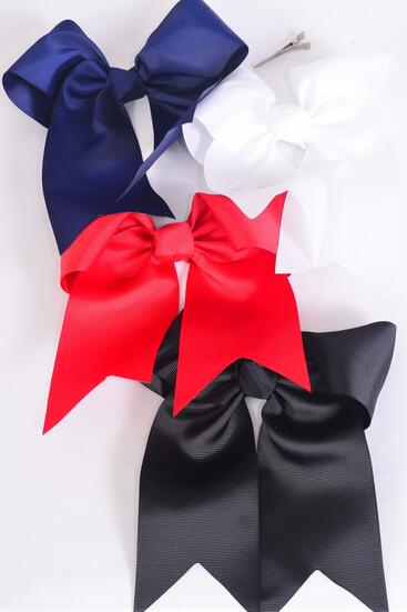 Hair Bow Extra Jumbo Long Tail Cheer Type Bow Black Red White Navy Color Mix Grosgrain Bow-tie / 12 pcs Bow = Dozen Alligator Clip , Size - 6.5" x 6" Wide , 3 Black , 3 Red , 3 white , 3 Navy Color Asst , Clip Strip & UPC Code