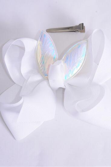 Hair Bow Jumbo Bunny Ears White Grosgrain Bow-tie / 12 pcs Bow = Dozen White , Alligator Clip , Size - 6" x 5" Wide , Clip Strip and UPC Code