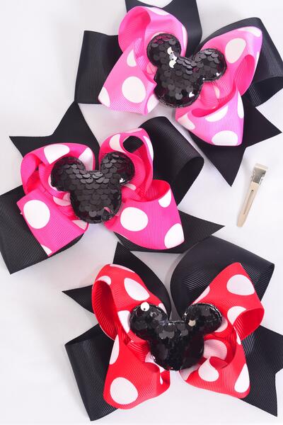 Hair Bow Jumbo Mouse Ear Grosgrain Bow-tie Black / 12 pcs Bow = Dozen Black , Alligator Clip , Size - 6" x 5" Wide ,  Clip Strip & UPC Code