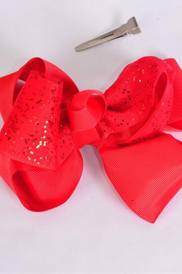 Hair Bow Jumbo Double Layered Glitter Grosgrain Bow-tie Red / 12 pcs Bow = Dozen Red ,  Alligator Clip  ,Bow - 6" x 5" Wide , Clip Strip & UPC Code