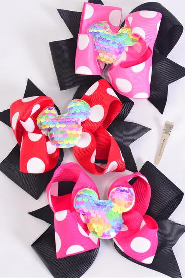 Hair Bow Jumbo Double Layered Center Sequin Mouse Ear Charm Polka dots Grosgrain Bow-tie / 12 pcs Bow = Dozen  Alligator Clip , Size - 6" x 5" Wide , 4 Of each Pattern Asst , Clip Strip & UPC Code