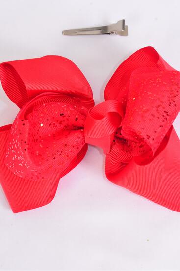 Hair Bow Jumbo Double Layered Glitter Grosgrain Bow-tie Red / 12 pcs Bow = Dozen Red ,  Alligator Clip  ,Bow - 6" x 5" Wide , Clip Strip & UPC Code