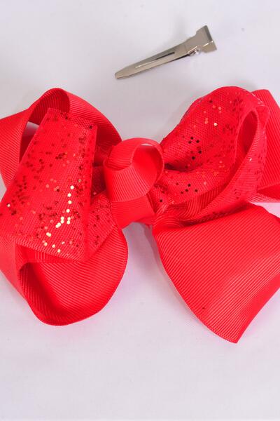 Hair Bow Jumbo Double Layered Glitter Grosgrain Bow-tie Red / 12 pcs Bow = Dozen Red ,  Alligator Clip  ,Bow - 6" x 5" Wide , Clip Strip & UPC Code