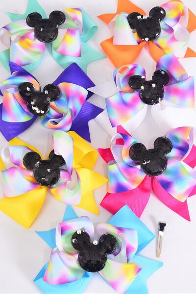 Hair Bow Jumbo Double Layered Center Flip Sequins Mouse Ear Charm Citrus Grosgrain Bow-tie / 12 pcs Bow = Dozen Alligator Clip , Size - 6" x 5" Wide , 2 Fuchsia , 2 Turquoise , 2 White , 2 Purple , 2 Yellow  ,1 Orange , 1 Lime Color Asst ,Clip Strip & UPC Code