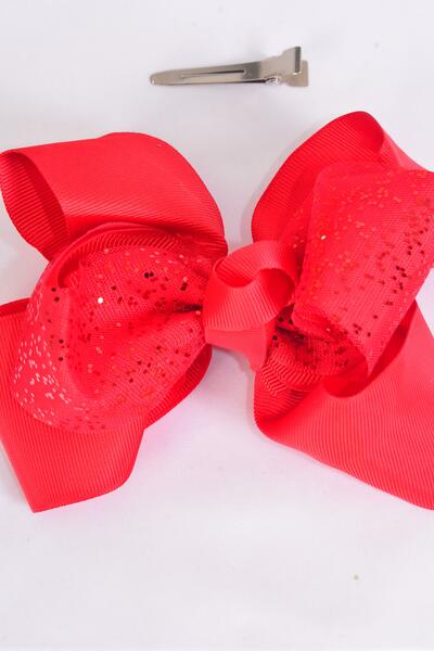 Hair Bow Jumbo Double Layered Glitter Grosgrain Bow-tie Red / 12 pcs Bow = Dozen Red ,  Alligator Clip  ,Bow - 6" x 5" Wide , Clip Strip & UPC Code