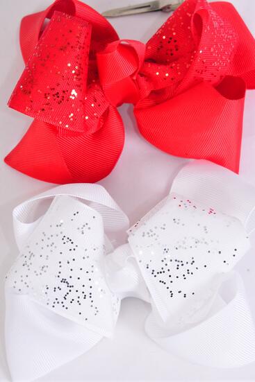 Hair Bow Jumbo Double Layered Glitter Grosgrain Bow-tie Red White Color Mix / 12 pcs Bow = Dozen Alligator Clip , Bow - 6" x 5" Wide , 6 Red , 6 White Color Asst , Clip Strip & UPC Code