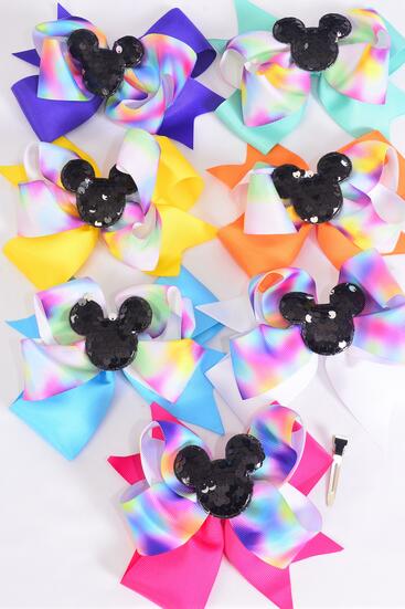 Hair Bow Jumbo Double Layered Center Flip Sequins Mouse Ear Charm Citrus Grosgrain Bow-tie / 12 pcs Bow = Dozen Alligator Clip , Size - 6" x 5" Wide , 2 Fuchsia , 2 Turquoise , 2 White , 2 Purple , 2 Yellow  ,1 Orange , 1 Lime Color Asst ,Clip Strip & UPC Code