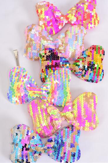Hair Bow Flip Sequin Iridescent Center Sequin Butterfly Charm Multi / 12 pcs Bow = Dozen Alligator Clip , Size - 6" x 4" Wide , 3 Multi , 3 Rainbow , 2 Of each Other Color Mix , Clip Strip & UPC Code