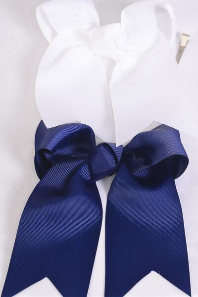 Hair Bow Extra Jumbo Long Tail cheer Type Bow Navy White Mix Grosgrain Bow-tie / 12 pcs Bow = Dozen Alligator Clip , Size - 6.5" x 6" Wide , 6 Navy , 6 White Asst , Clip Strip & UPC Code