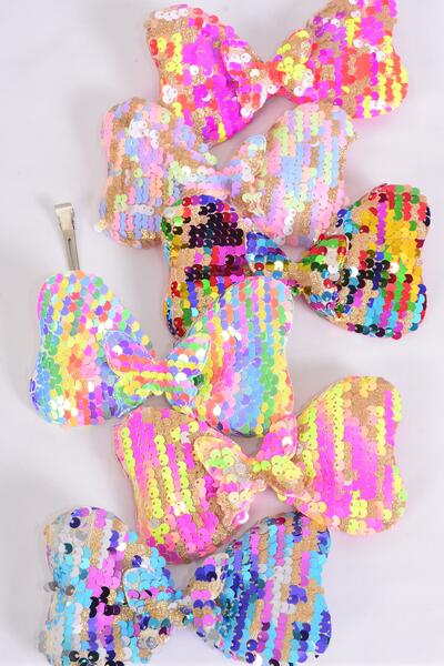 Hair Bow Flip Sequin Iridescent Center Sequin Butterfly Charm Multi / 12 pcs Bow = Dozen Alligator Clip , Size - 6" x 4" Wide , 3 Multi , 3 Rainbow , 2 Of each Other Color Mix , Clip Strip & UPC Code
