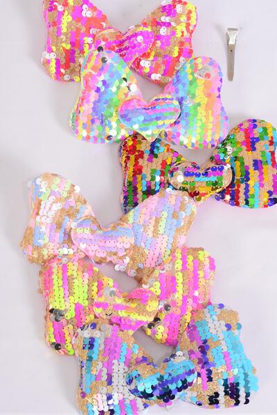 Hair Bow Flip Sequin Iridescent Center Heart Charm Multi / 12 pcs = Dozen Alligator Clip , Size - 6" x 4" Wide , 3 Multi , 3 Rainbow , 2 Of each Other Color Mix , Clip Strip & UPC Code