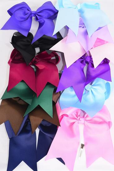 Hair Bow Extra Jumbo Long Tail Cheer Type Bow Pastel Dark Multi Mix Grosgrain Bow-tie / 12 pcs Bow = Dozen Alligator Clip , Size - 6.5" x 6" Wide , 12 Color Asst , Clip Strip and UPC Code