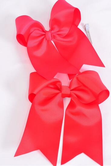 Hair Bow Extra Jumbo Long Tail Cheer Type Bow Red Mix Grosgrain Bow-tie / 12 pcs Bow = Dozen Alligator Clip , Size - 6.5" x 6" Wide , 6 Red , 6 Poppy Red Mix , Clip Strip & UPC Code