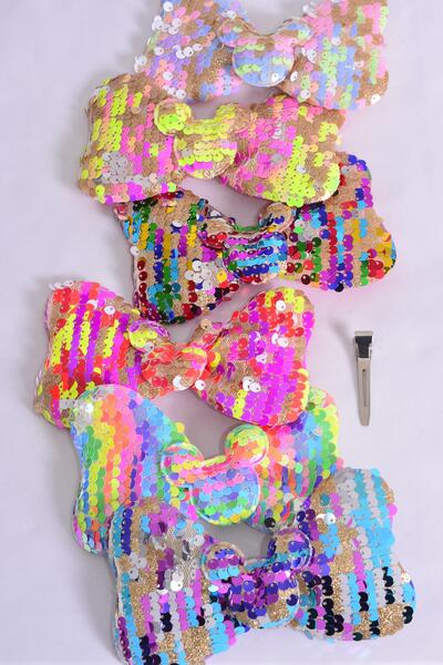Hair Bow Flip Sequin Iridescent Center Mouse Ear Charm Multi / 12 pcs = Dozen Alligator Clip , Size - 6" x 4" Wide , 3 Multi , 3 Rainbow , 2 Of each Other Color Mix , Clip Strip & UPC Code