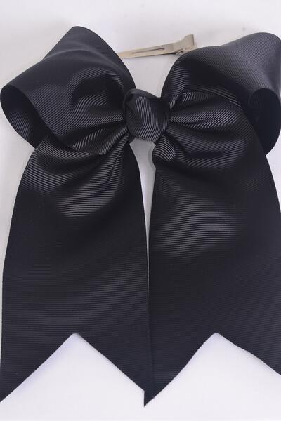 Hair Bow Extra Jumbo Long Tail Cheer Type Bow Black Grosgrain Bow-tie / 12 pcs Bow = Dozen Black , Alligator Clip , Size - 6.5" x 6" Wide , Clip Strip & UPC Code
