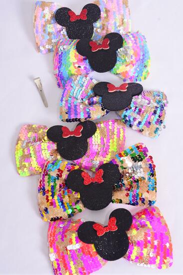 Hair Bow Flip Sequin Iridescent Center Mouse Ear Charm Multi / 12 pcs = Dozen Alligator Clip , Size - 6" x 4" Wide , 3 Multi , 3 Rainbow , 2 Of each Other Color Mix , Clip Strip & UPC Code