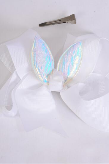 Hair Bow Jumbo Bunny Ears White Grosgrain Bow-tie / 12 pcs Bow = Dozen White , Alligator Clip , Size - 6" x 6" Wide , Clip Strip and UPC Code