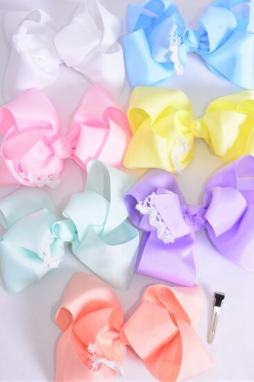 Hair Bow Jumbo Lace Pastel Grosgrain Bow-tie / 12 pcs Bow = Dozen  Pastel , Alligator Clip , Size - 6" x 5", 2 White , 2 Pink , 2 Lavender , 2 Blue , 2 Yellow , 1 Peach , 1 Mint Color Asst , Clip Strip and UPC Code