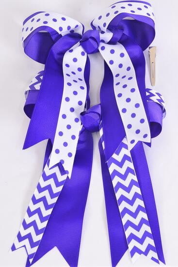 Hair Bow Jumbo Long Tail Double Layered Chevron Polka dots Mix Grosgrain Bow-tie / 12 pcs Bow = Dozen Purple , Alligator Clip , Bow - 6.5" x 6" Wide , 6 of each Pattern Asst , Clip Strip & UPC Code