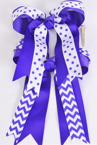Hair Bow Jumbo Long Tail Double Layered Chevron Polka dots Mix Grosgrain Bow-tie / 12 pcs Bow = Dozen Purple , Alligator Clip , Bow - 6.5" x 6" Wide , 6 of each Pattern Asst , Clip Strip & UPC Code