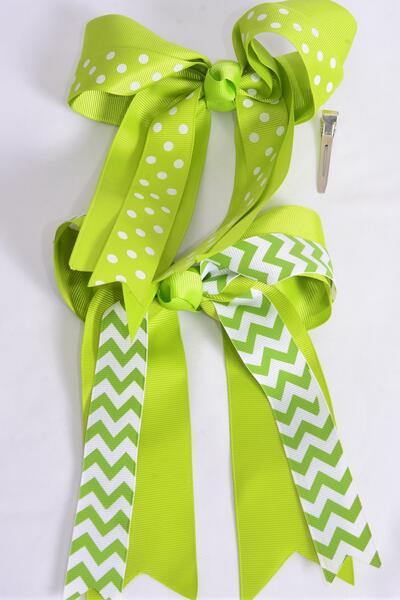 Hair Bow Jumbo Long Tail Double Layered Chevron Polka dots Mix Grosgrain Bow-tieLime / 12 pcs Bow = Dozen Lime Green , Alligator Clip , Bow - 6.5" x 6" Wide , 6 of each Pattern Asst , Clip Strip & UPC Code