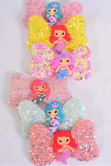 Hair Bow Sequin Iridescent Center Mermaid Charm / 12 pcs Bow = Dozen Mermaid , Alligator Clip , Size - 6" x 4" Wide , 2 Of each Pattern Asst , Clip Strip and UPC Code