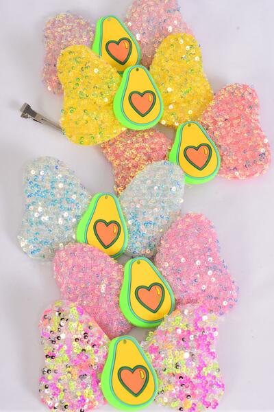 Hair Bow Sequin Center Avocadorable Charm Pastel / 12 pcs Bow = Dozen Alligator Clip , Size - 6" x 4" Wide , 2 Of each Pattern Mix , Clip Strip & UPC Code