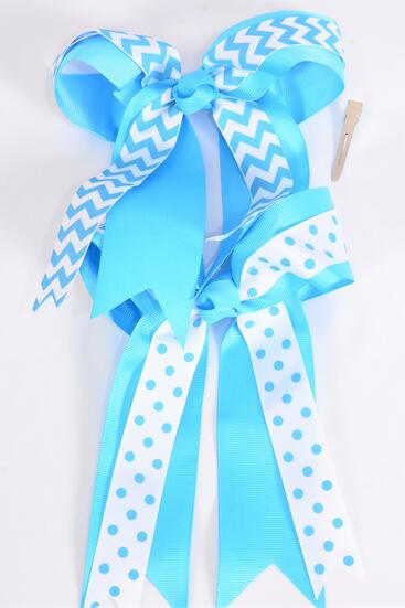 Hair Bow Jumbo Long Tail Double Layered Chevron Polka dots Mix Grosgrain Bow-tie Turquoise / 12 pcs Bow = Dozen Turquoise , Alligator Clip , Bow - 6.5" x 6" Wide , 6 of each Pattern Asst , Clip Strip & UPC Code