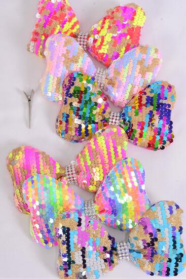 Hair Bow Sequin Iridescent Center Clear Stones Multi / 12 pcs Bow = Dozen Multi , Alligator Clip , Size - 6" x 4" Wide , 2 Of each Pattern Mix , Clip Strip & UPC Code