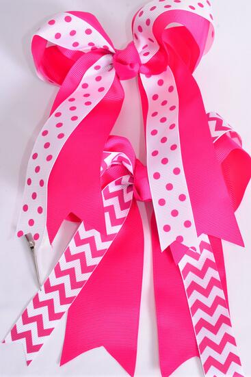 Hair Bow Jumbo Long Tail Double Layered Chevron Polka dots Mix Grosgrain Bow-tie Fuchsia / 12 pcs Bow = Dozen  Fuchsia , Alligator Clip , Bow - 6.5" x 6" Wide , 6 of each Pattern Asst , Clip Strip & UPC Code
