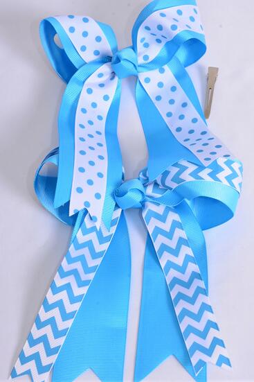 Hair Bow Jumbo Long Tail Double Layered Chevron Polka dots Mix Grosgrain Bow-tie Turquoise / 12 pcs Bow = Dozen Turquoise , Alligator Clip , Bow - 6.5" x 6" Wide , 6 of each Pattern Asst , Clip Strip & UPC Code