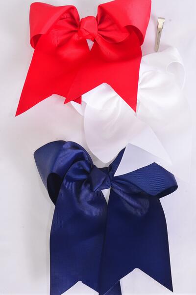 Hair Bow Extra Jumbo Long Tail Cheer Type Bow Red White Navy Mix Grosgrain Bow-tie / 12 pcs Bow = Dozen Alligator Clip , Size - 6.5" x 6" Wide , 4 Red , 4 White , 4 Navy Color Asst , Clip Strip & UPC Code