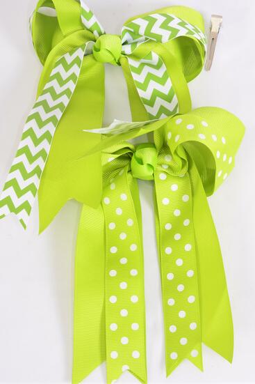 Hair Bow Jumbo Long Tail Double Layered Chevron Polka dots Mix Grosgrain Bow-tieLime / 12 pcs Bow = Dozen Lime Green , Alligator Clip , Bow - 6.5" x 6" Wide , 6 of each Pattern Asst , Clip Strip & UPC Code