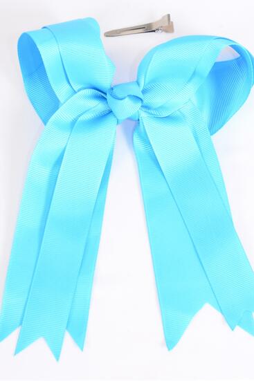 Hair Bow Jumbo Long Tail Double Layered Grosgrain Bow-tie Turquoise / 12 pcs Bow = Dozen Turquoise , Alligator Clip , Bow - 6.5" x 6" Wide ,  Clip Strip & UPC Code