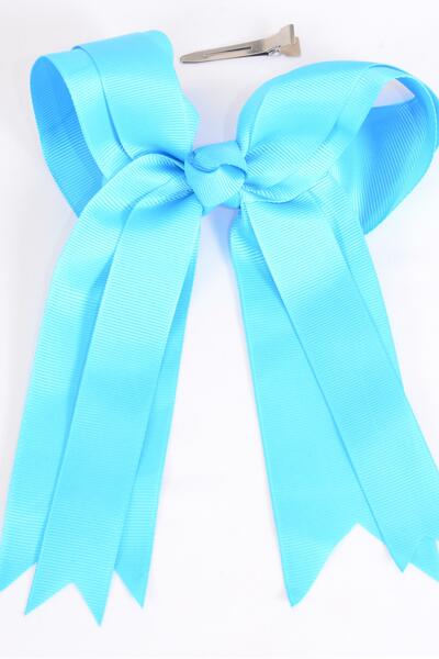 Hair Bow Jumbo Long Tail Double Layered Grosgrain Bow-tie Turquoise / 12 pcs Bow = Dozen Turquoise , Alligator Clip , Bow - 6.5" x 6" Wide ,  Clip Strip & UPC Code