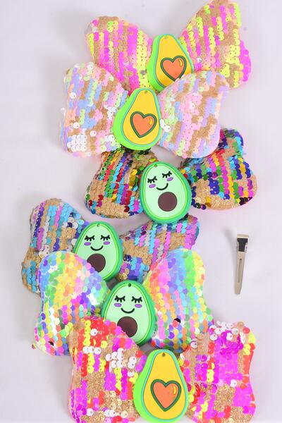 Hair Bow Sequin Center Avocado adorable Charm charm Pastel / 12 pcs Bow = Dozen  Alligator Clip , Size - 6" x 4" Wide , 2 Of each Color Mix , Clip Strip & UPC Code