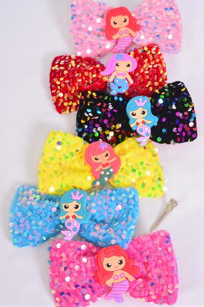 Hair Bow Flip Sequin Iridescent Center Mermaid Charm Multi / 12 pcs Bow = Dozen Mermaid , Alligator Clip , Size - 6" x 4" Wide , 2 Of each Pattern Mix , Clip Strip nd UPC Code
