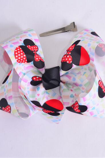 Hair Bow Jumbo Mouse Ear Polka dots Grosgrain Bow-tie / 12 pcs = Dozen  Alligator Clip , Size - 6" x 5" Wide , Clip Strip & UPC Code