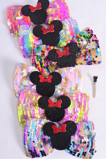 Hair Bow Flip Sequin Iridescent Center Mouse Ear Charm Multi / 12 pcs = Dozen Alligator Clip , Size - 6" x 4" Wide , 2 Of each Color Mix , Clip Strip & UPC Code
