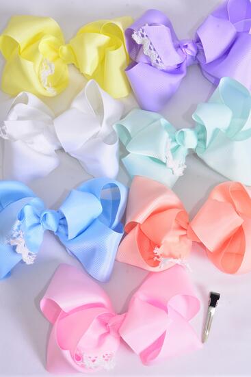 Hair Bow Jumbo Lace Pastel Grosgrain Bow-tie / 12 pcs Bow = Dozen  Pastel , Alligator Clip , Size - 6" x 5", 2 White , 2 Pink , 2 Lavender , 2 Blue , 2 Yellow , 1 Peach , 1 Mint Color Asst , Clip Strip and UPC Code