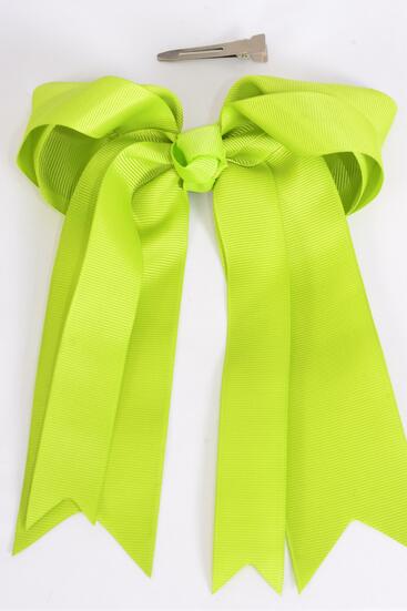 Hair Bow Jumbo Long Tail Double Layered Grosgrain Bow-tie Lime Green / 12 pcs Bow = Dozen Lime Green , Alligator Clip , Bow - 6.5" x 6" Wide , Clip Strip & UPC Code