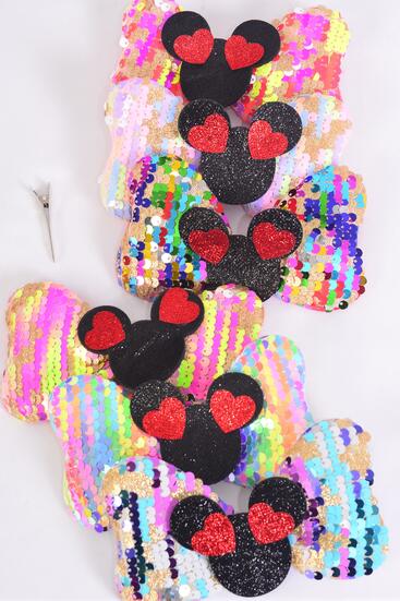 Hair Bow Flip Sequin Iridescent Center Mouse Ear Animal Charm Multi / 12 pcs = Dozen Alligator Clip , Size - 6" x 4" Wide , 3 Multi , 3 Rainbow , 2 Of each Other Color Mix , Clip Strip & UPC Code