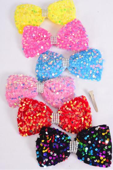 Hair Bow Sequin Iridescent Center Clear Stones Multi / 12 pcs Bow = Dozen  Multi , Alligator Clip , Size - 6" x 4" Wide , 2 Of each Pattern Mix , Clip Strip & UPC Code