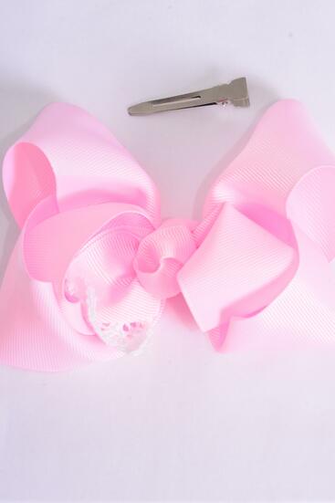 Hair Bow Jumbo Lace Grosgrain Bow-tie Baby Pink / 12 pcs Bow = Dozen Pink , Alligator Clip , Size - 6" x 5" Wide , Clip Strip & UPC Code
