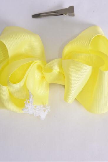 Hair Bow Jumbo Lace Grosgrain Bow-tie Baby Yellow / 12 pcs Bow = Dozen Baby Yellow , Alligator Clip , Size - 6" x 5" Wide , Clip Strip & UPC Code