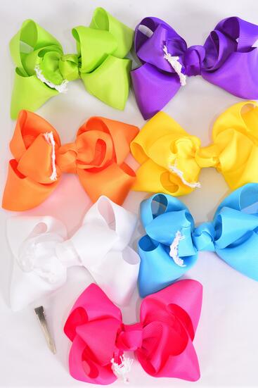 Hair Bow Jumbo Lace Citrus Grosgrain Bow-tie / 12 pcs Bow = Dozen Alligator Clip , Size - 6" x 5" Wide ,  2 Fuchsia , 2 Blue , 2 Yellow , 2 Purple , 2 White , 1 Lime , 1 Orange Color Asst , Clip Strip and UPC Code